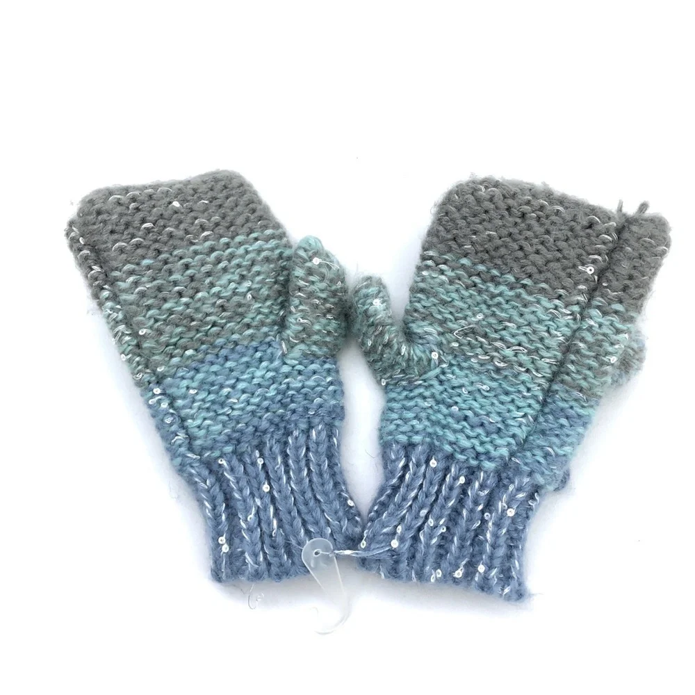 Tucker & Tate Girls Blue Gray Knit Fingerless Pom Pom Mittens